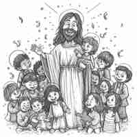 Photo jésus-christ heureux et mignon entouré d'enfants dans le style d'illustration pour enfants