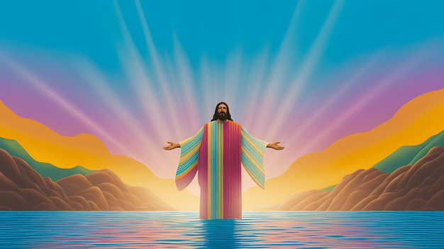 Jésus-Christ marchant sur l'eau à la mer avec les couleurs de l'arc-en-ciel