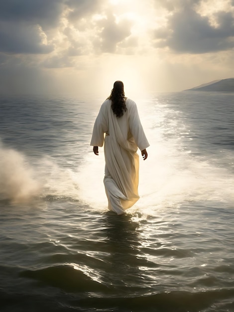 Jésus-Christ marchant sur l'eau sur la mer de Galilée ai génératif