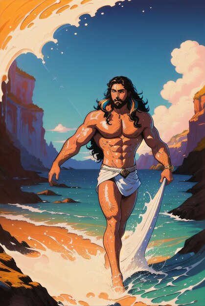 Jésus-Christ musclé dans un style moderne sur l'eau dessiné dans un style de bande dessinée