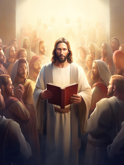 Jésus-Christ de Nazareth levant les yeux et tenant une foule de gens de la Bible en arrière-plan