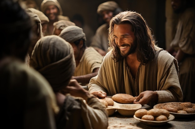Jésus-Christ a nourri le pain aux pauvres bible religion évangiles écritures anciennes histoire Jésus donne du pain aux pauvres histoire biblique pour nourrir la charité affamée