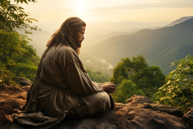 Jésus-Christ prie seul dans les montagnes le matin.