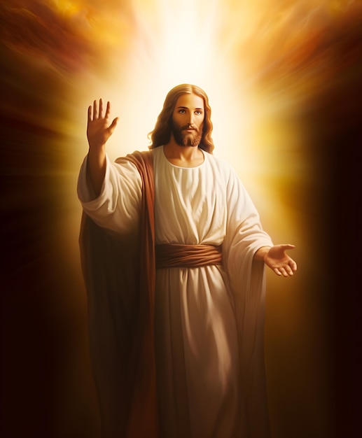 Jésus-Christ ressuscité tend la main et prie dans le ciel