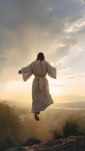 Jésus-Christ ressuscité en tenue blanche suspendu dans l'air