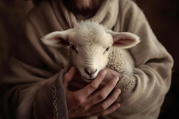 Photo jésus-christ a retrouvé la brebis perdue en la portant dans ses bras.