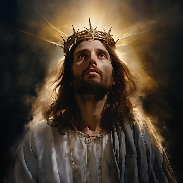 Jésus avec une couronne d'épines et une lumière venant du ciel