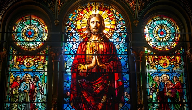 Jésus dans l'église avec les rayons du soleil coulant à travers les vitraux de la cathédrale