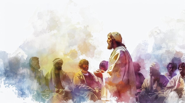 Jésus enseignant les Béatitudes à ses disciples dans une illustration numérique à l'aquarelle sur un fond blanc