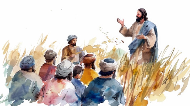 Jésus enseigne à ses disciples le sens de la parabole du semeur à l'aide d'aquarelles numériques