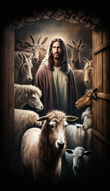 Jésus à l'entrée d'un village avec des animaux AI générative