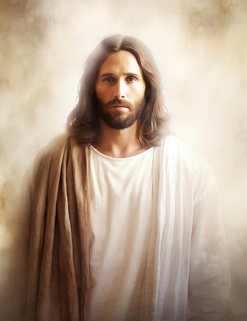 Jésus est debout devant un fond blanc.