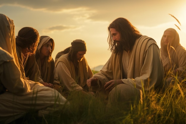 Jésus fils de Dieu sur la colline avec ses disciples