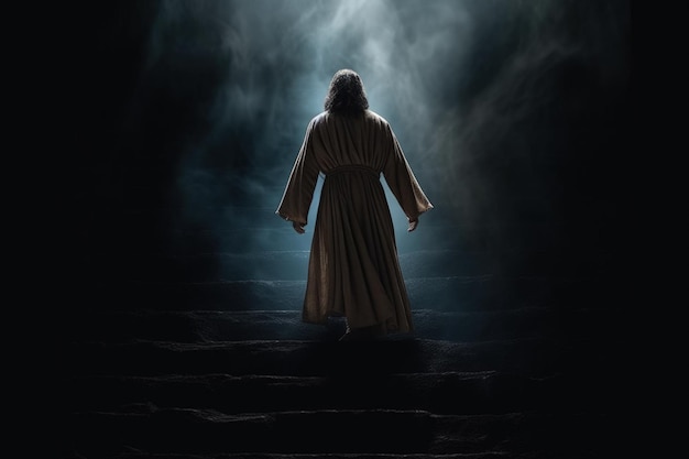 Jésus marche sur les marches du ciel un rayon de lumière à la fin