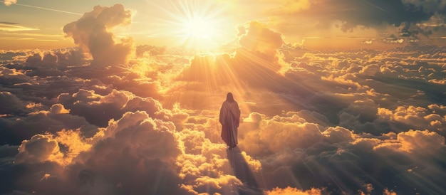 Jésus marche sur les nuages dans le ciel