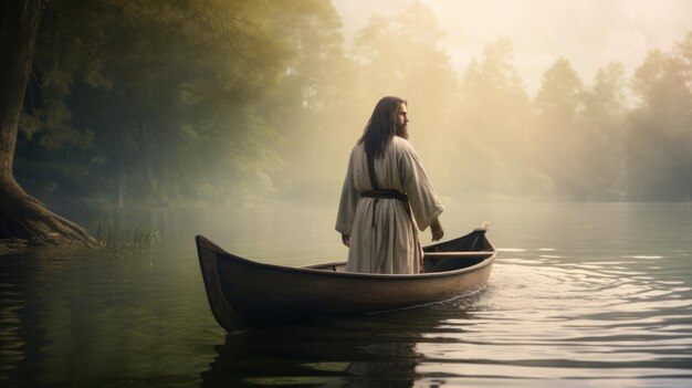 Jésus marche vers un canoë dans le lac.