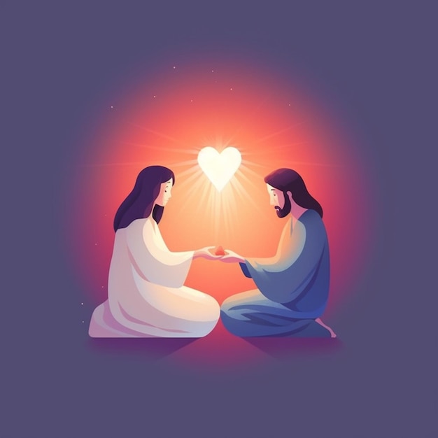 Jésus et Marie agenouillés devant un cœur génératif ai