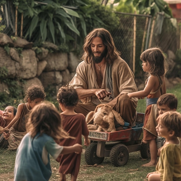 Jésus portant un toast assis sur le sol avec des enfants dans une cour de récréation venez à moi les petits