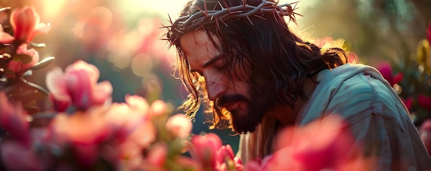Jésus priant avec ferveur avec une couronne d'épines dans un jardin serein Concept Images bibliques Portraits fidèles Concepts religieux
