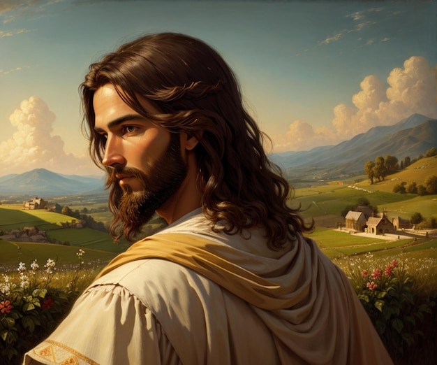 Jésus regardant sur le côté dans un champ ouvert