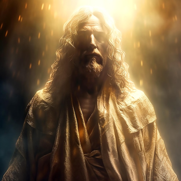 Jésus regarde avec des yeux bienveillants au milieu des lumières abstraites du ciel