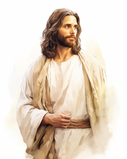 Jésus en robe blanche avec des cheveux longs