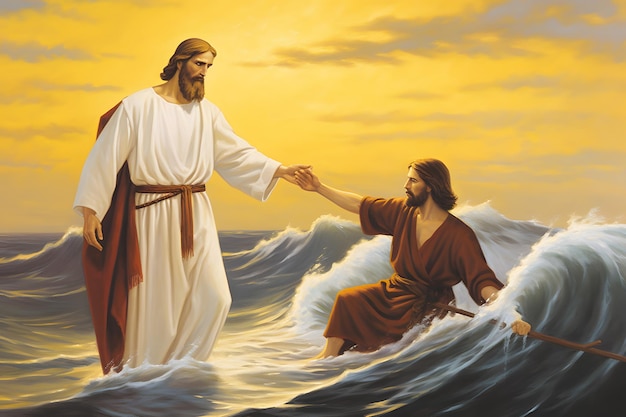 Jésus sauve Pierre qui se noie à la mer pendant une tempête