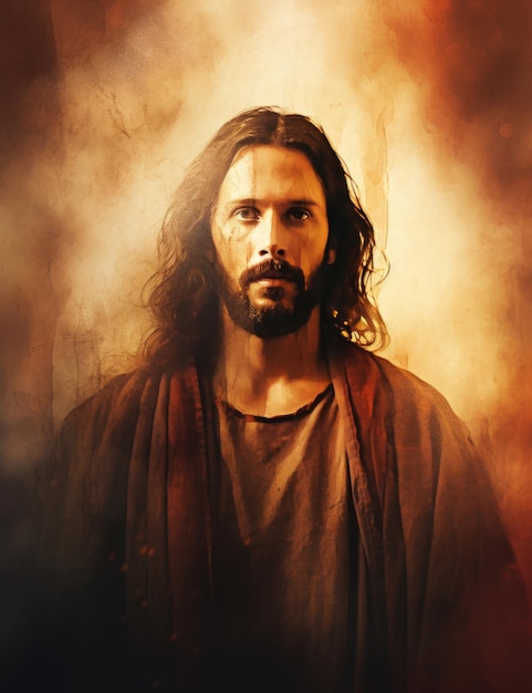 Jésus se tient devant un arrière-plan fumé.