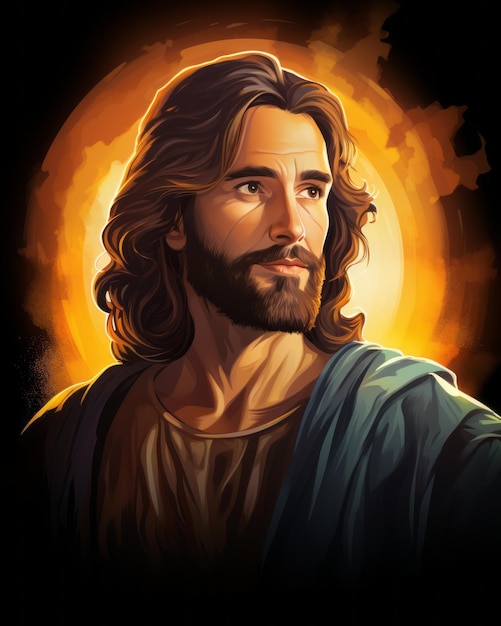 Jésus se tient devant un soleil orange.