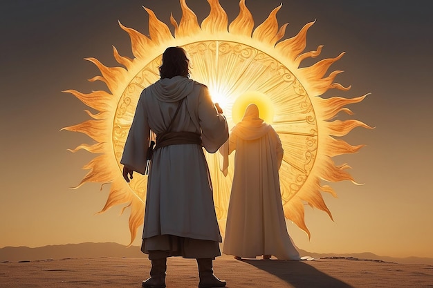 Jésus se tient devant un soleil avec le soleil derrière lui