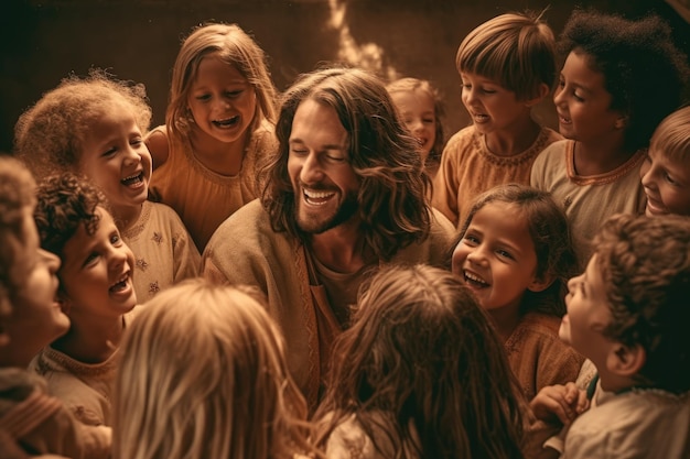 Jésus souriant avec un groupe d'enfants ai génératif