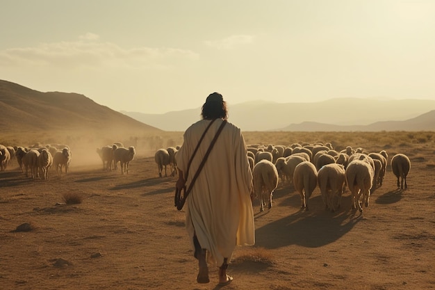 Jésus en tant que berger menant un troupeau de moutons Illustration de l'IA générative