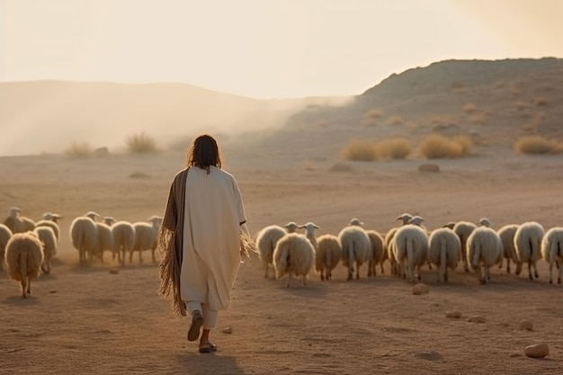 Jésus en tant que berger menant un troupeau de moutons Illustration de l'IA générative