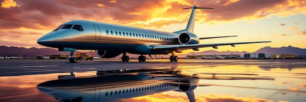 jet d'affaires avion privé à l'aéroport au coucher du soleil