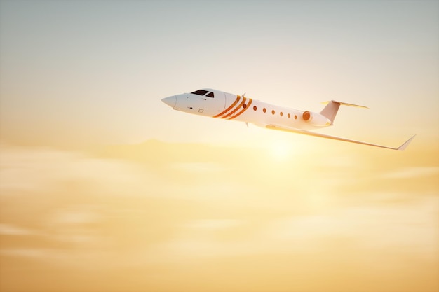 Jet d'affaires privé blanc sur fond de coucher de soleil dans le ciel nuages duveteux Vols d'affaires jet privé vie de luxe voyage d'entreprise voyage de luxe illustration 3D rendu 3D