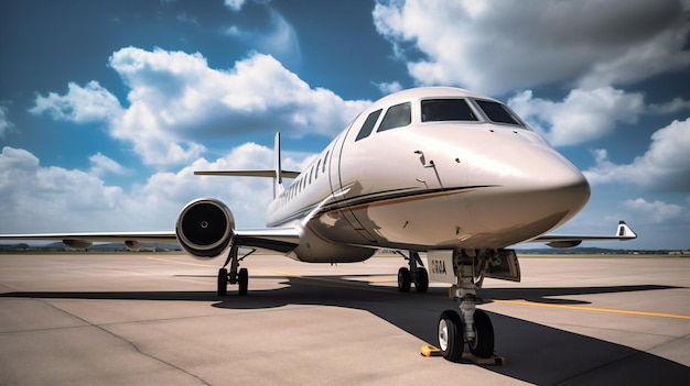 Un jet privé prêt à décoller sur un tarmac présentant le confort ultime des voyages de luxe en été