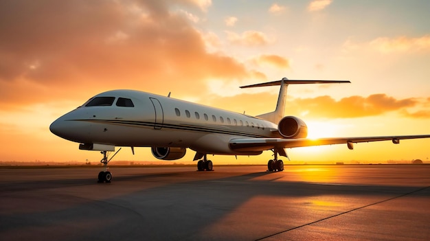 Un jet privé stationné sur une piste avec le soleil couchant en arrière-plan