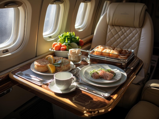 Un jet privé de style moderne avec petit-déjeuner sur la table et la lumière du soleil qui brille à travers une fenêtre AI générative