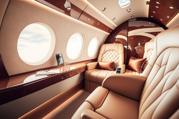 Un jet privé avec une table et des chaises à l'arrière