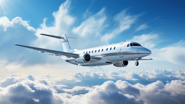 Jet privé volant dans le ciel bleu avec des nuages blancs en arrière-plan Concept de voyage d'affaires léger au coucher du soleil