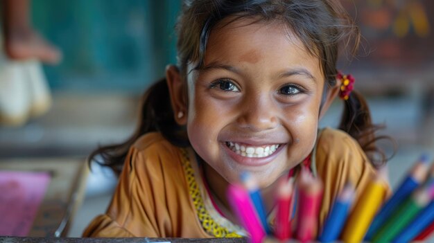 Jetant de côté ses vêtements de travail, une jeune fille avec un sourire radieux esquisse son avenir en l'honneur de la Journée mondiale contre le travail des enfants.