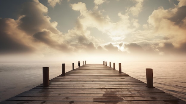 Une jetée en bois avec un ciel nuageux en arrière-plan.