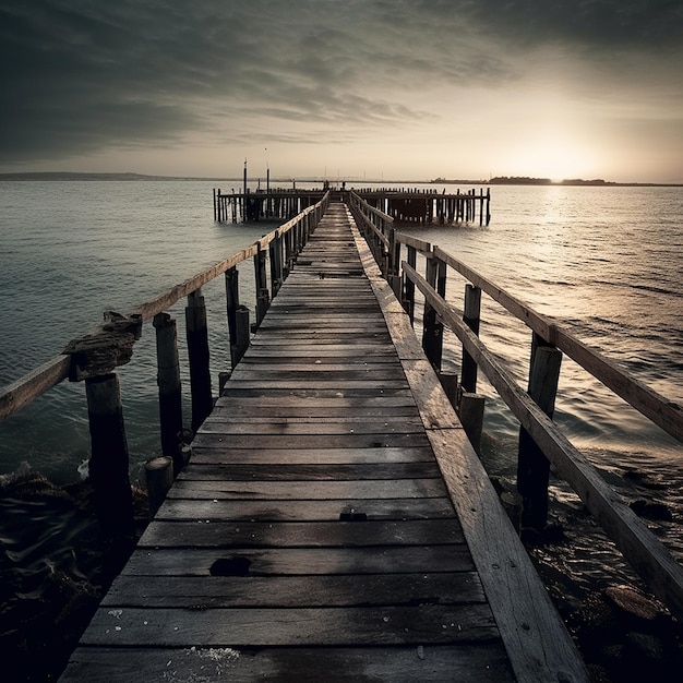 Une jetée en bois avec un ciel nuageux et le soleil se couche.