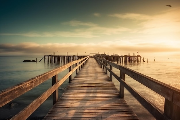 Une jetée en bois avec un coucher de soleil en arrière-plan