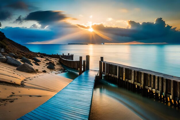 une jetée en bois avec une jetée qui a le soleil brillant à travers les nuages