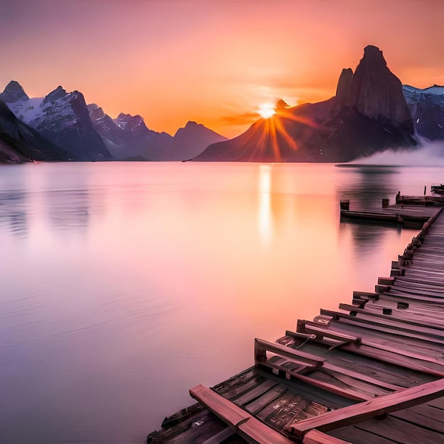 Une jetée en bois avec des montagnes en arrière-plan et le soleil se couche.