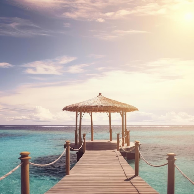 Photo jetée en bois sur une plage tropicale avec effet de filtre solaire