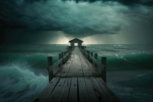 Une jetée en bois s'étendant dans les eaux orageuses créant une scène dramatique et atmosphérique Génératrice d'IA