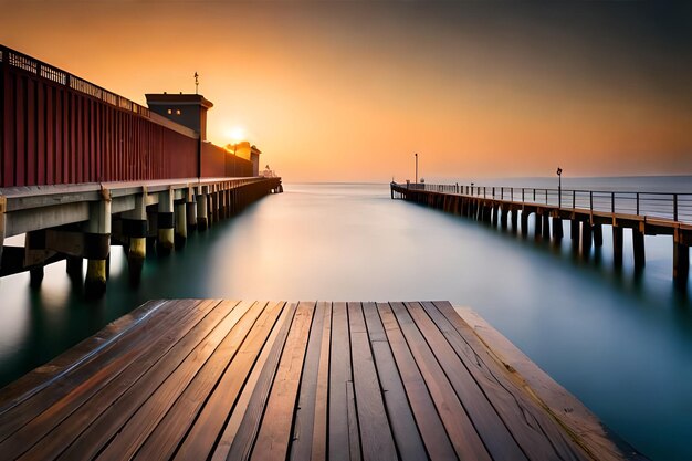 Photo une jetée avec un coucher de soleil en arrière-plan