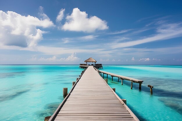 Jetée dans la mer des Maldives avec un ciel bleu